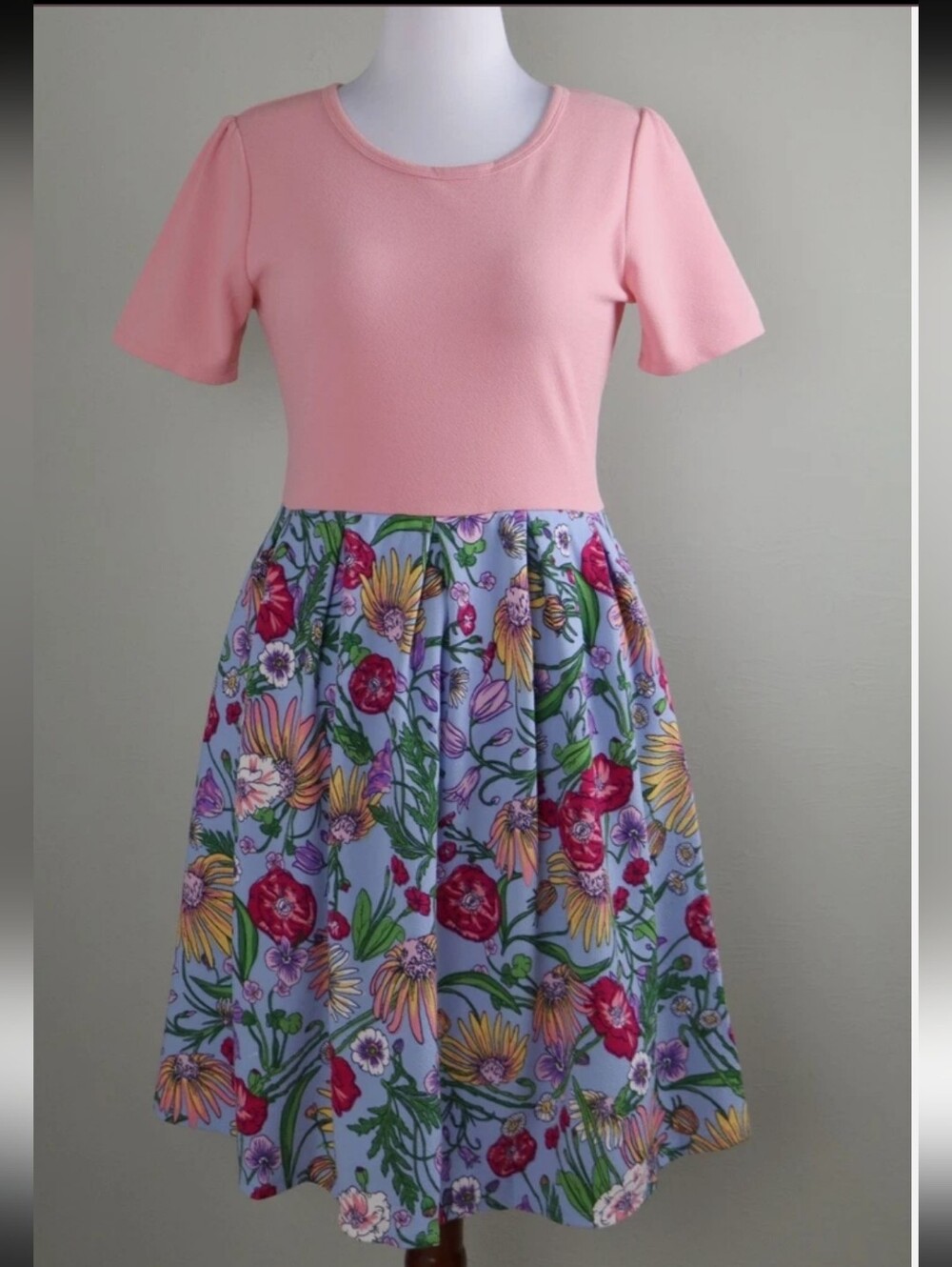 Women’s Amelia Pink Top with Floral Lavender Skirt A-Line Dress